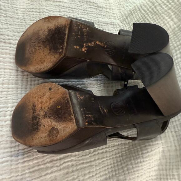 Coclico Platform Wood Heels Size 36.5 Dark Gray Blue Leather Cut Out Open Toe - Picture 9 of 15